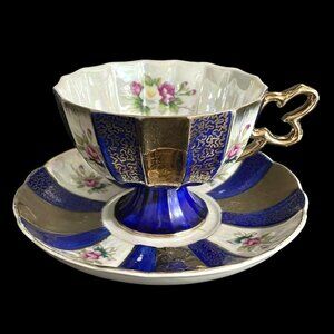 Vintage 1960s Shafford Lusterware Japan Scalloped Teacup and Saucer Set Filigree